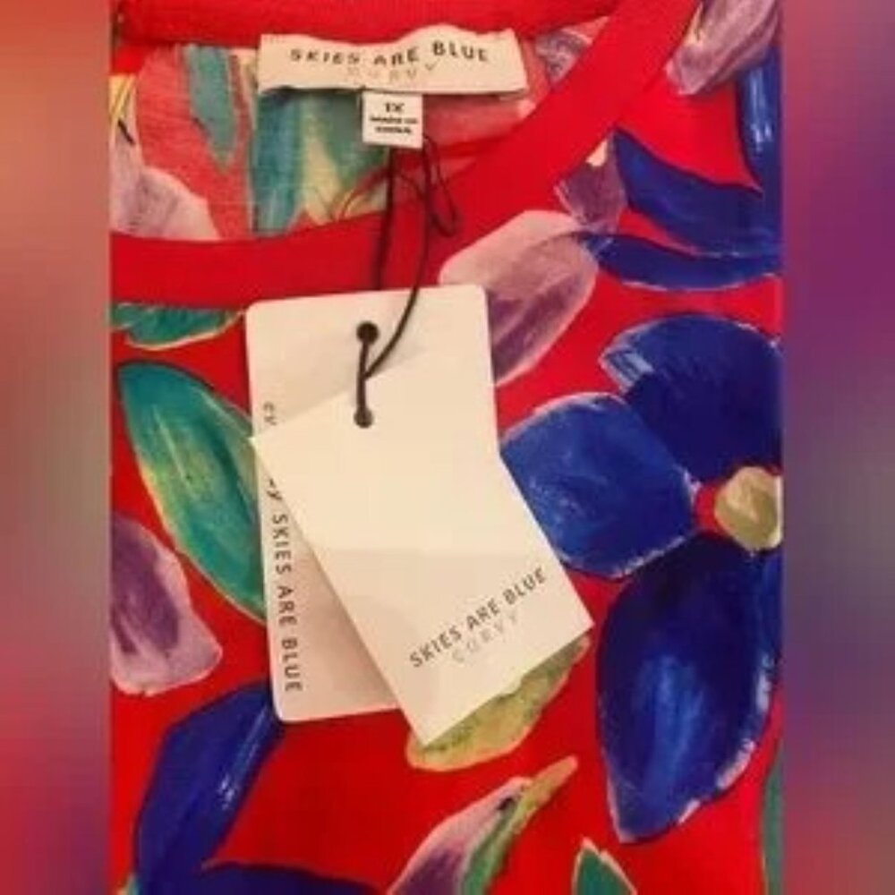 NWT Skies Are Blue 1X Vibrant Red Floral Blouse - Picture 10 of 10